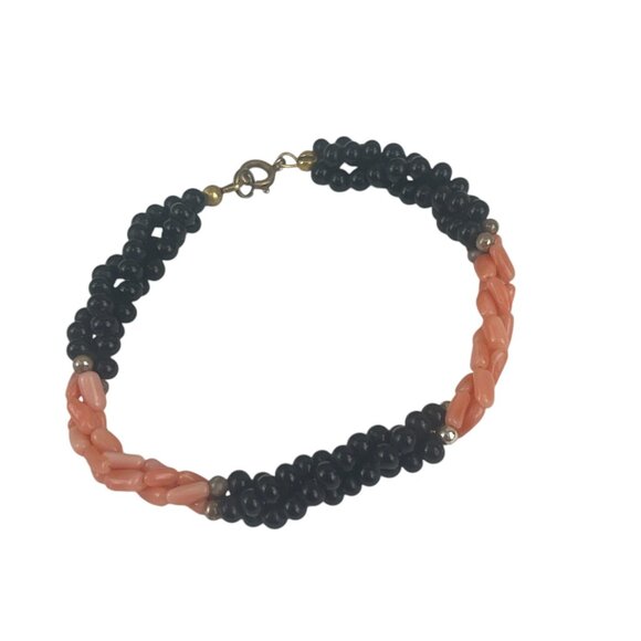 Black & Coral Beaded Twisted Bracelet With Gold-Tone Clasp - Picture 1 of 5